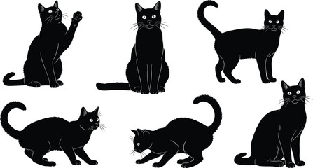 Black cat silhouettes illustration, feline poses, sitting cats, stalking cats, playful kittens, domestic pets, animal posture, whiskers, expressive body language © English boys