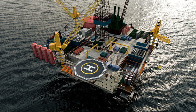 Modern offshore oil platform with helipad and cranes on the sea