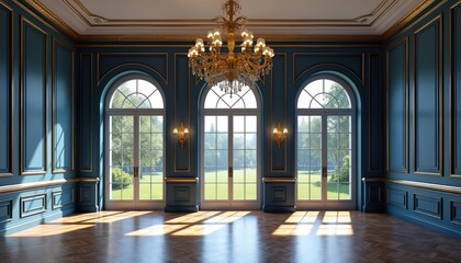 Fototapeta premium Elegant room with dark blue walls gold trim large arched windows view green garden. Chandelier light shines on wood floor. Luxury interior space awaits.