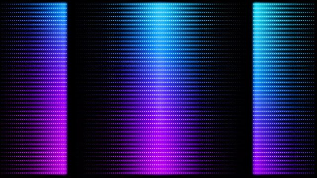 A neon grid of multiple purple-pink-blue gradient  flashing dots on a black background. A geometric pattern with tiny, flickering lights. 4K looped animation,  60 fps.