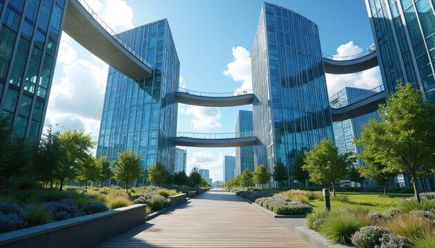 Modern office buildings with sky bridges connect across green park area. Clean architecture features glass facades and landscaped gardens. Futuristic urban design for corporate center.