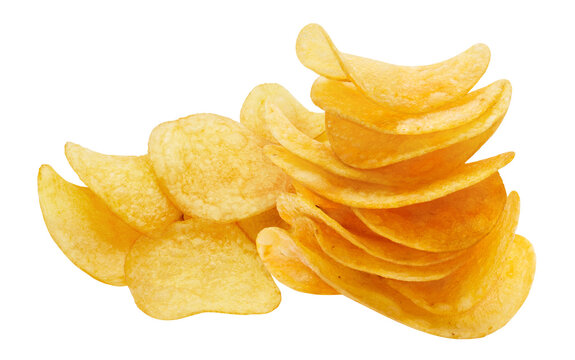 Delicious potato chips pile, isolated on cutout transparent background