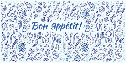 Hand drawn doodle pattern with french phrase bon app tit text © KrishnaPada