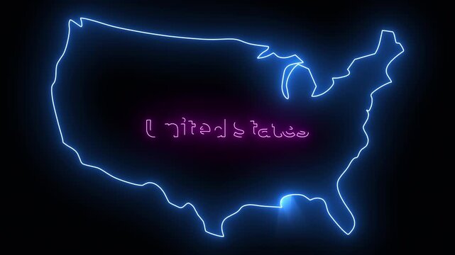 Neon outline map of the United States glowing in blue with Arabic text in the center, futuristic digital style with dark background, vibrant light effect