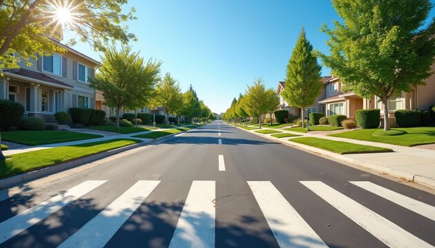 Empty suburban street with crosswalk, manicured lawns, houses under clear blue sky. Sun shines brightly through tree branches, casting shadows on pavement. Peaceful neighborhood scene perfect for
