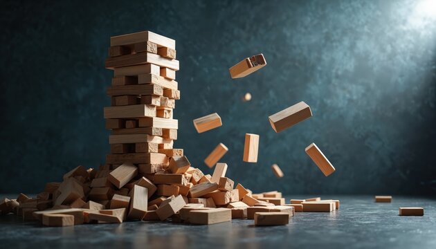 Wooden blocks tumble down in a chaotic Jenga game. A tall tower crumbles with pieces flying, symbolizing risk and failure. Game instability shows consequence of unstable structure and bad strategy.