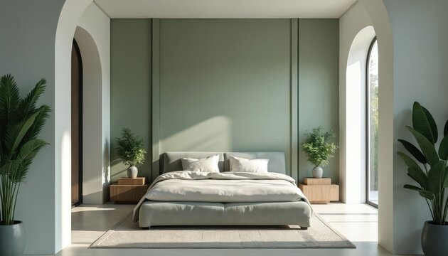 Minimalist bedroom interior with large bed, soft green walls. Archways frame large windows, letting in natural light. Potted plants add touch of nature to serene space. Stylish modern decor creates