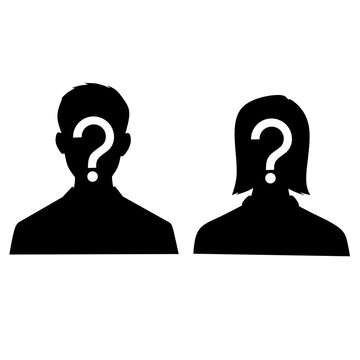 Two sillhouettes face,foward question mark above thier heads,man and woman silhouette with the question mark design vector,black male and female with question mark image,black sillhouette human icon 