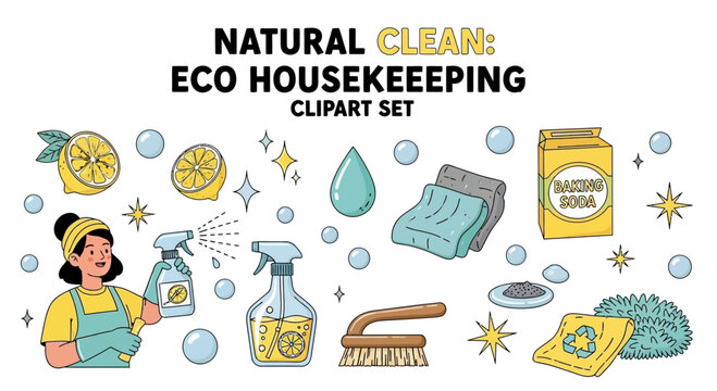 A collection of ecofriendly cleaning supplies and a person spraying them presented as a flat vector illustration