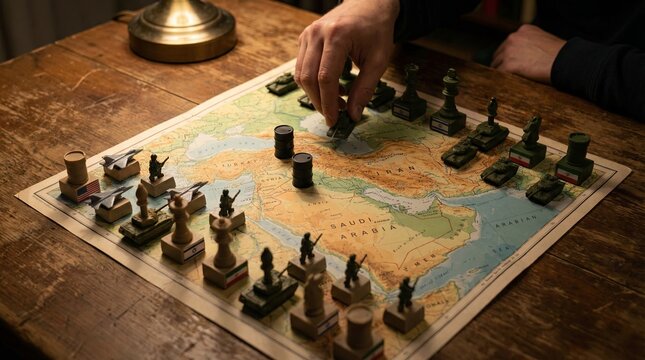 Hand moving a tank chess piece on a map of the Middle East symbolizing geopolitical strategy and conflict involving USA Israel and Iran