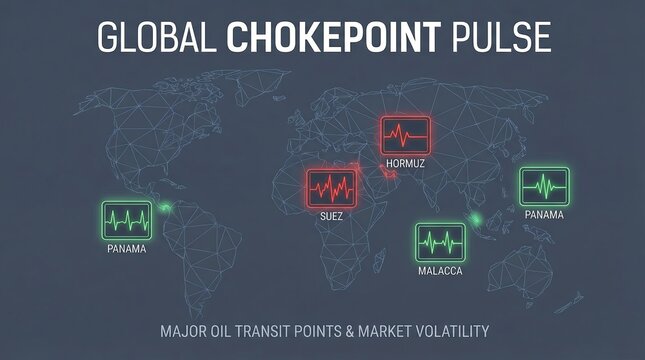 Global chokepoint pulse infographic map showing major oil transit points and market volatility in Hormuz and Suez