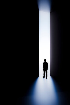 3D liminal light figure in bright portal and dark corridor