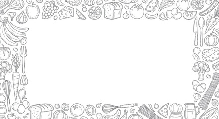 Obraz premium Hand-Drawn Vector Food and Kitchen Utensils Border Frame with Copy Space for Menu or Recipe Design