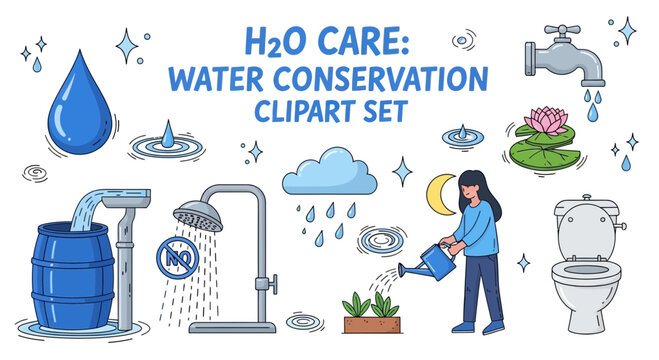 Graphic clipart set titled H2O Care featuring a blue water drop faucet barrel shower plant and toilet icons
