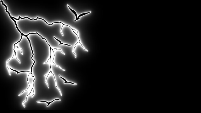 Lightning bolt. Storm weather. Flying birds. Thunder strike. White neon art. Nature energy. Sky electricity. Night storm. Bird silhouette. Glowing weather.