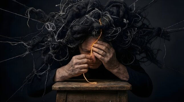A poignant, hyper-realistic image of a person with a mass of tangled black wires and threads on their head, holding a single glowing gold string, representing hope amidst mental chaos.