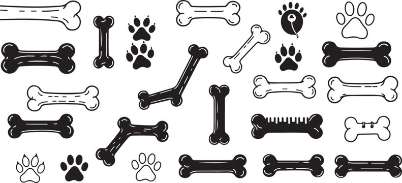 Dog bone seamless pattern. Dog footprint stamp, bone, toy background. Puppy cute hand drawn doodle wallpaper.