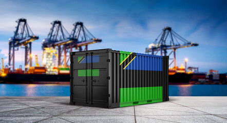 Tanzania Export Container: A shipping container, adorned with the Tanzanian flag, stands poised against a bustling port, ready to embark on a global journey © bao