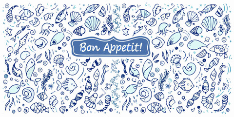 Hand drawn illustration of seafood shells and the phrase bon app tit © Juran