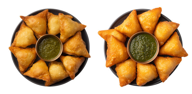 Fried Samosa with sauce on a black plate isolated