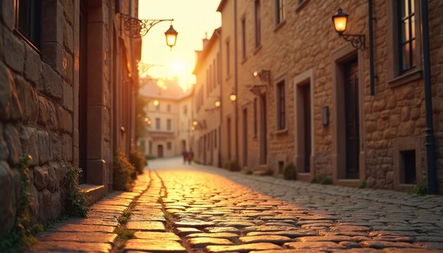 Old european town narrow street with stone buildings and cobblestone road illuminated by warm sunset or sunrise light. Ornate street lamps glow softly creating atmospheric lane.