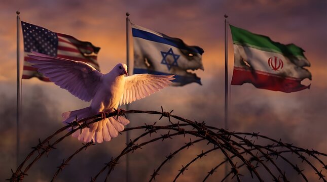 A powerful symbolic image of a white peace dove perched on barbed wire against a sunset sky with tattered flags of the United States, Israel, and Iran, representing global tension and hope.