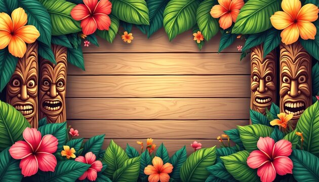 Hawaiian luau frame borders with tiki masks, hibiscus flowers, green leaves, and wooden plank background. Tropical island design elements create a festive, exotic atmosphere for summer holidays.