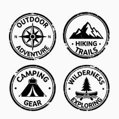 Fototapeta premium set of stamps, Nature Explorer Badge Highlighting Forest Paths, Tents, and Peaks Symbolizing Outdoor Adventure, Discovery, and Wild Exploration