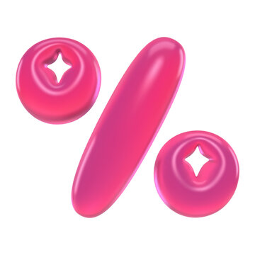 Glossy pink 3D gummy percent sign with marmalade jelly texture