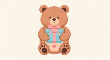 Obraz premium Adorable Teddy Bear Holding a Gift Box Illustration, Cute Brown Bear Character with Present for Birthday and Baby Shower, Kawaii Plush Toy with Pink Ribbon and Heart.