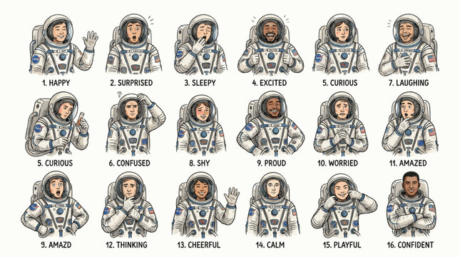 Diverse astronaut character emotion chart vector set. Features male and female astronauts in suits showing labeled expressions like happy, surprised, sleepy, curious, cheerful, calm and more.