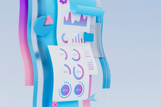 3D analytics interface panel with chart layout and data sheet