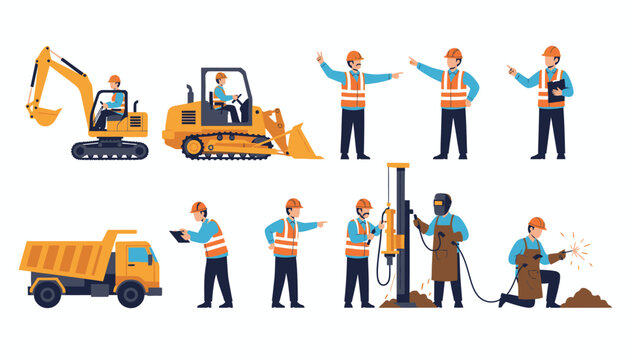 Construction Site Workers and Heavy Machinery Vector Illustration Set Featuring Excavator, Bulldozer, Dump Truck, Welders, and Engineers for Industrial Projects