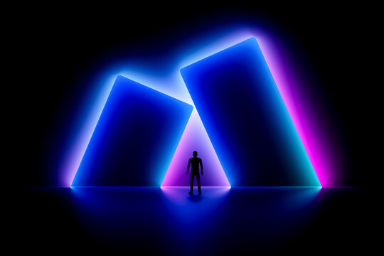 3D neon portal silhouette with glowing frame and dark space