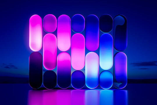3D neon capsule grid with glowing column and blue reflection