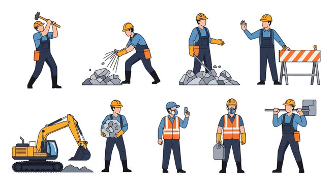 Professional construction worker vector set featuring characters in safety gear, operating heavy machinery like excavators, and performing various manual labor.