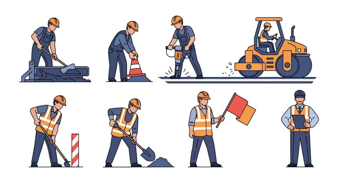 Flat Vector Illustration Set of Construction Workers and Road Maintenance Crew Characters Performing Manual Labor Shoveling Using Jackhammer and Steamroller.