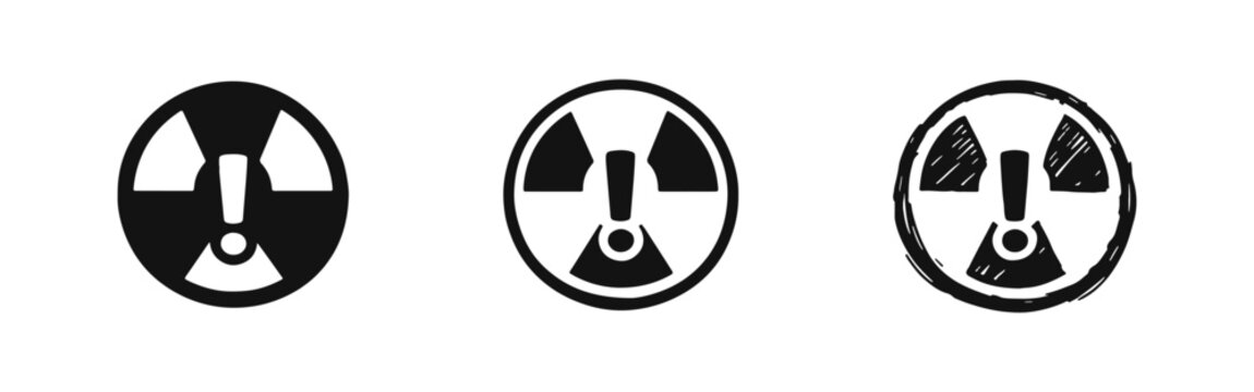 Nuclear Hazard Alert Icons Set, Radioactive Warning Symbol, Exclamation Mark Sign, Vector Illustration