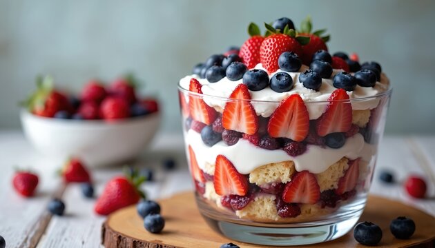 Layers of cake, cream, strawberries and blueberries make this berry trifle dessert a beautiful and delicious treat. Served in glass bowl on wooden table, it is perfect for summer.