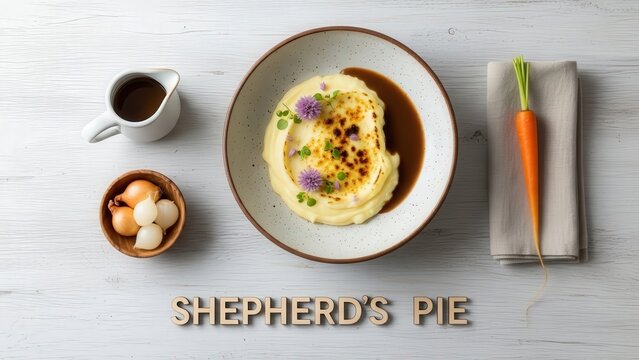 Fine Dining Shepherd&rsquo;s Pie Pav&eacute; with Braised Lamb Ragu and Negative Space on Dark Slate