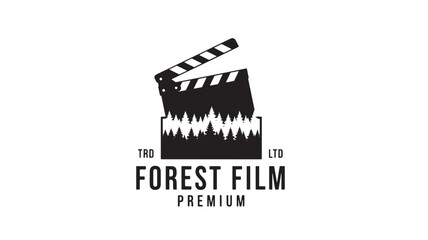 Clapperboard film logo featuring forest silhouette with pine trees and premium forest film typography branding © Farjana