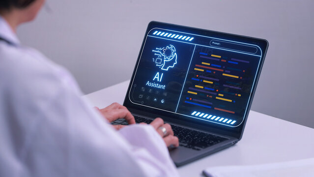 Focused doctor works on laptop with advanced ai assistant interface displaying futuristic medical technology data for research and analysis