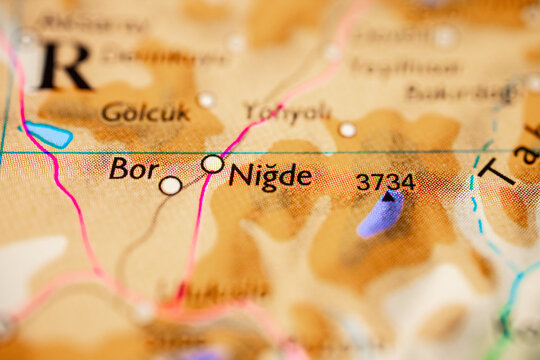 Close up road map showing Nigde and Bor region in central Turkey.