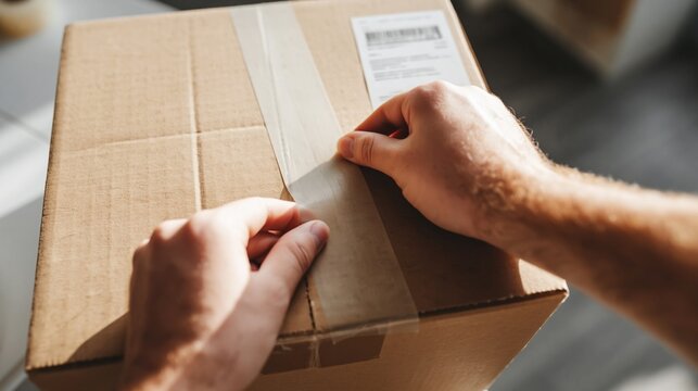 Close up of hands sealing cardboard box with adhesive tape for shipping