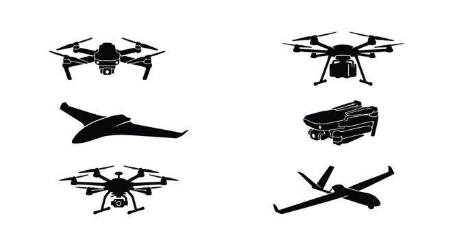 Drone silhouette vector set, 6 unmanned aerial vehicle icons, black quadcopter and fixed-wing UAV collection, remote controlled aircraft graphics