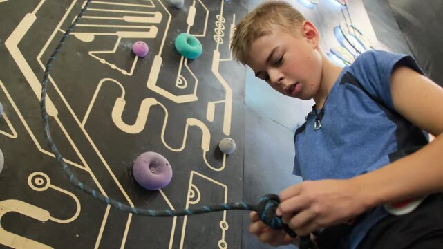 Boy attentively ties knot on safety rope for climbing. Young athlete focused highlights importance of safety in rock climbing slow motion