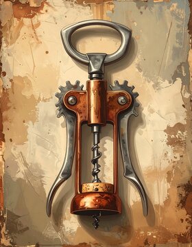 Vintage corkscrew illustration on aged, textured paper, close-up view