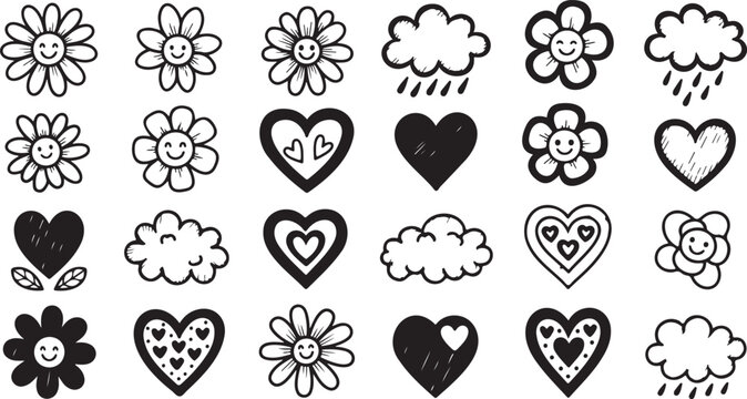 Cute kid scribble line flower, heart. rainbow background. Hand drawn doodle sketch childish element set. Flower, heart, cloud children draw style design elements background.