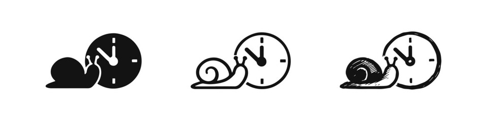 Slow Performance Icon Set Snail with Clock Symbol © drawing lines