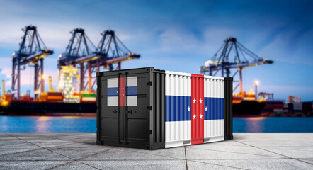 Global Trade: A shipping container, adorned with a flag, stands as a symbol of international commerce, with bustling ports and cranes in the background. © bao